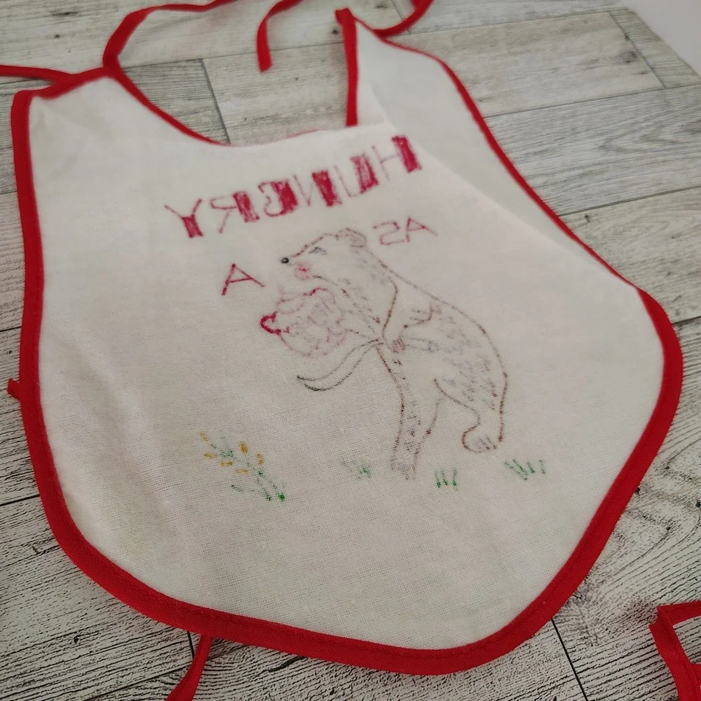 Vintage Baby Bibs Set of‎ 4 Animal Designs Red Trim Funny Cute Mouse Kitten Bear